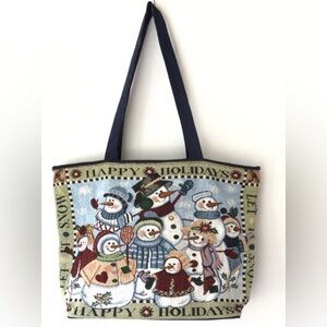 Happy Holidays Handmade Cotton Tapestry Zip Tote Bag Snowman Let it Snow Festive